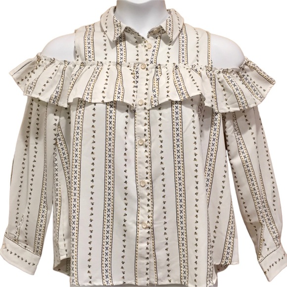 Blu Pepper Collar Button Up Floral Stripe Ruffled Cold Shoulder Medium Top - Picture 1 of 7